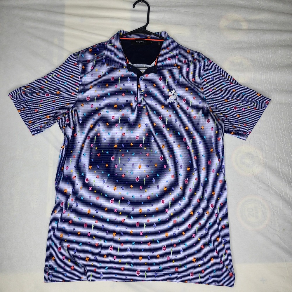 Bugatchi Mens Large‎ Striped Polo Shirt Floral Print Short Sleeve Golf Papu Bay